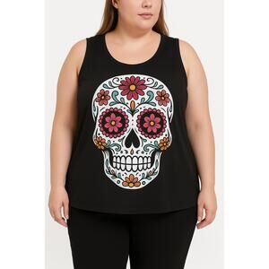 Sugar Skull Tee Shirt Womens‎ Size 3XL Black Sleeveless Y2K Floral Graphic Top